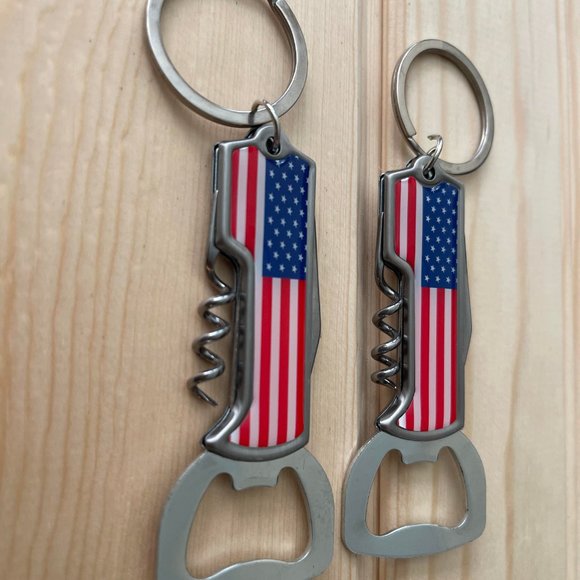 Set of 2 Stainless Steel USA Flag Can Opener Keychain Souvenirs Small Gifts - Picture 1 of 3